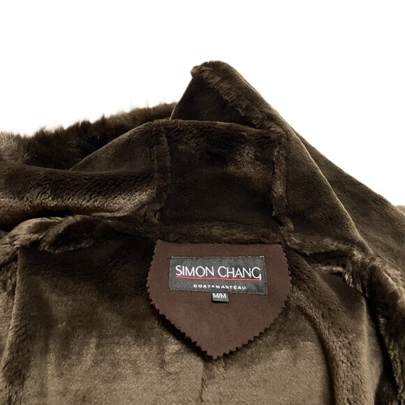 Simon Chang Hooded Winter Coat Brown Faux Suede & Faux Fur Shearling Lining Y2K - Picture 8 of 10